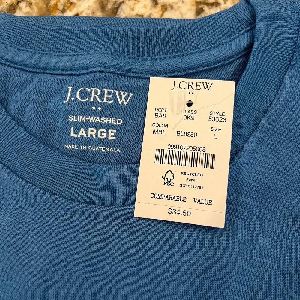NWT J. Crew Men's Mediterranean Blue Cotton Washed Jersey Pocket Tee